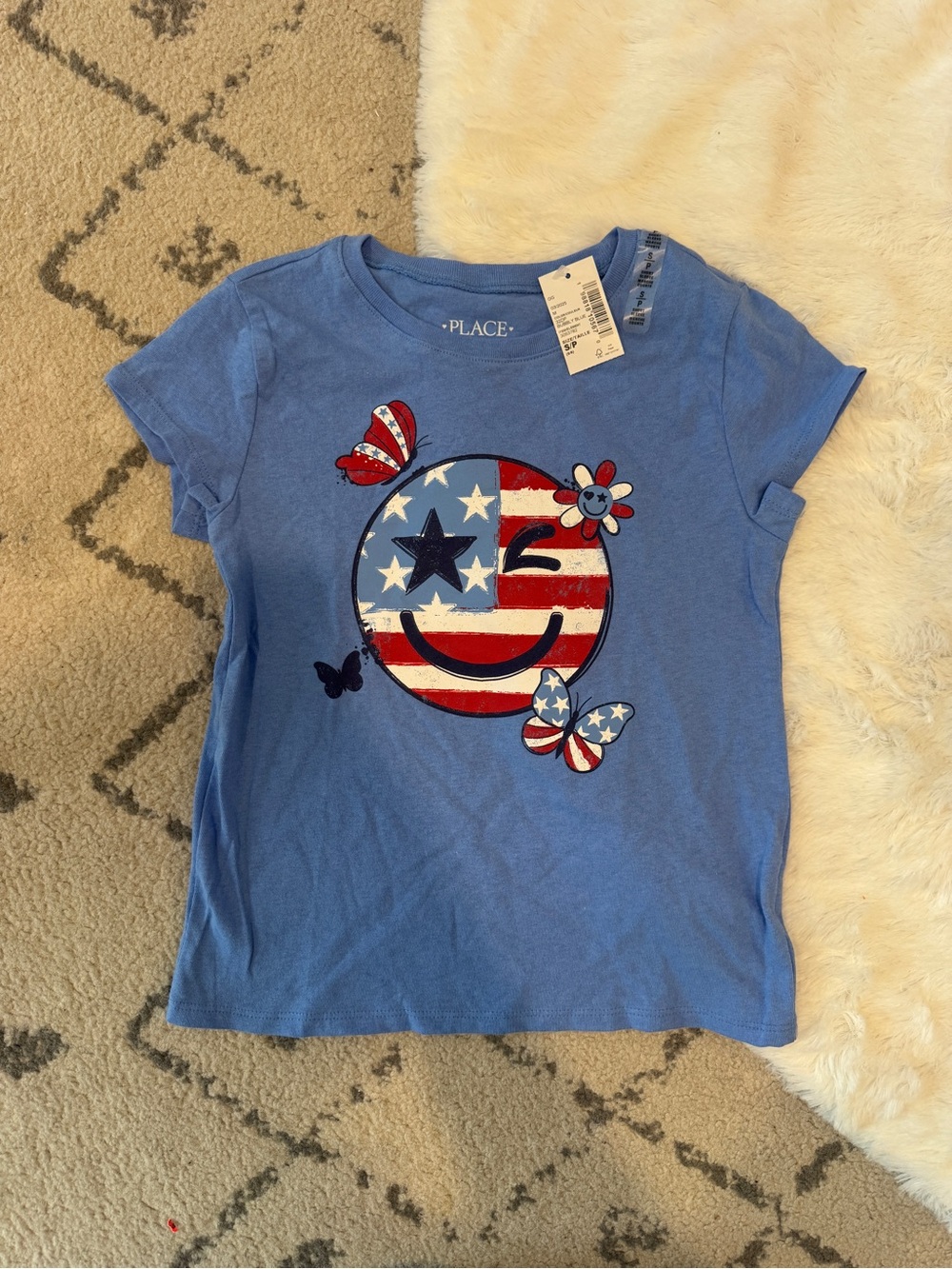 NWT The Children's Place Blue Tee with Patriotic Emoji and Butterfly Graphics